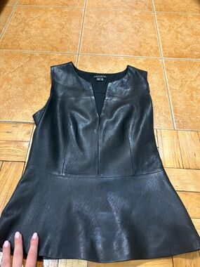 Theory Black Leather Peplum Sleeveless Top